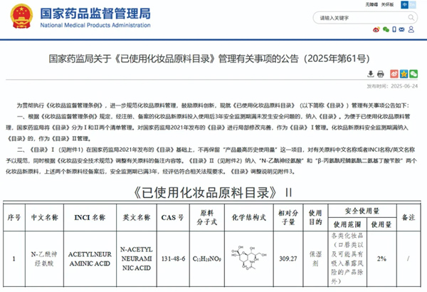 经环特生物功效验证的001号新原料燕窝酸（N-乙酰神经氨酸）通过监测期，正式纳入已使用化妆品原料目录！